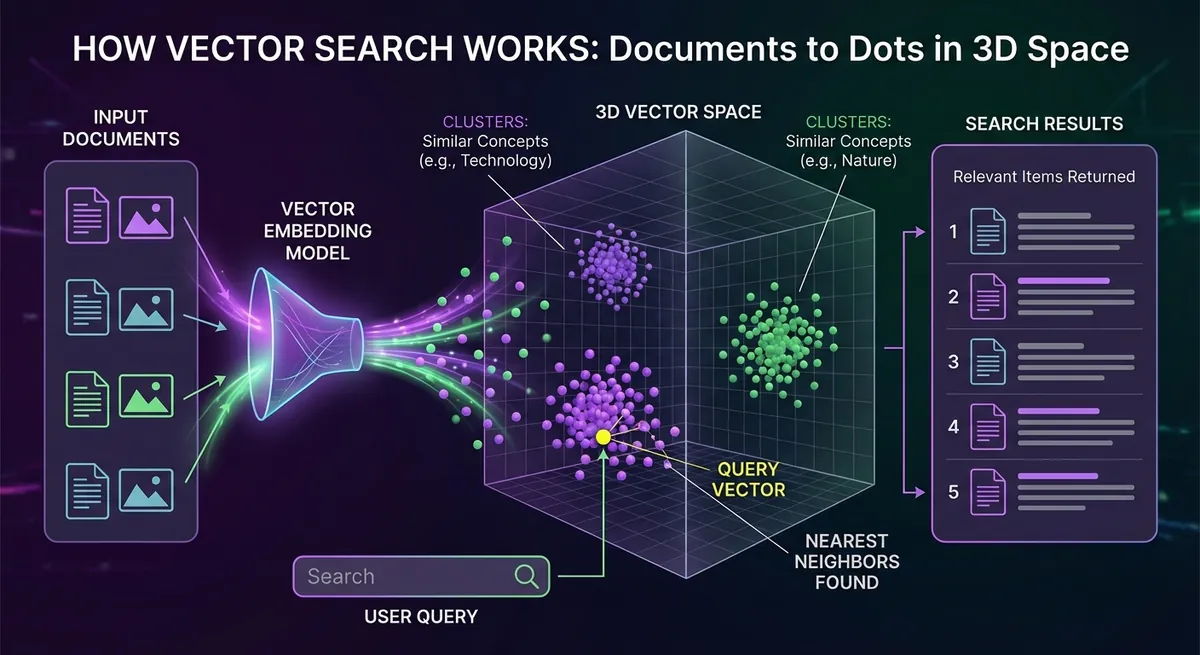 How Vector Search Works: documents are converted to dots in 3D vector space, enabling similarity-based retrieval.