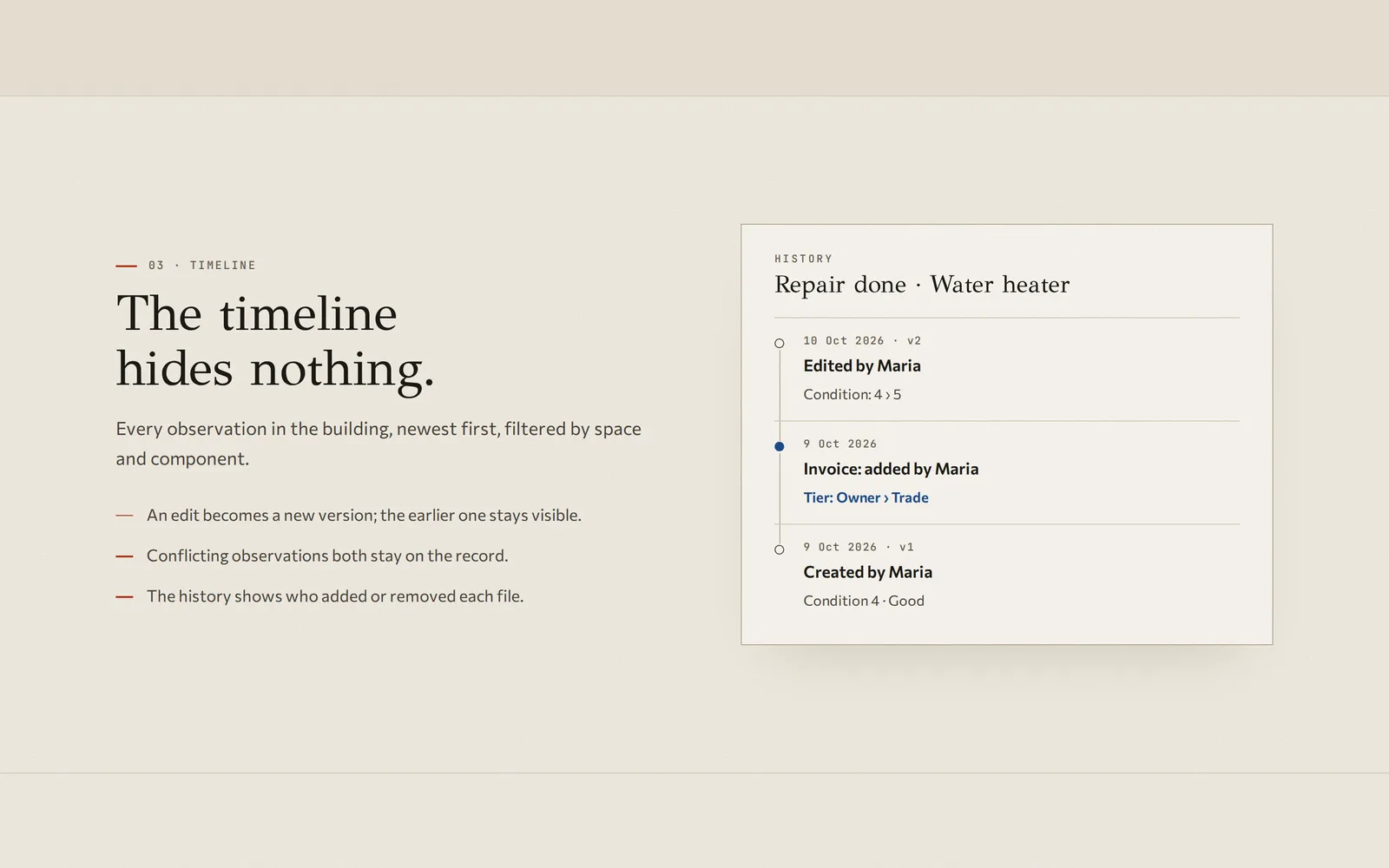 The timeline section: the history of a water-heater repair, with version 2 edited by Maria, an invoice added that moves the tier from Owner to Trade, and version 1