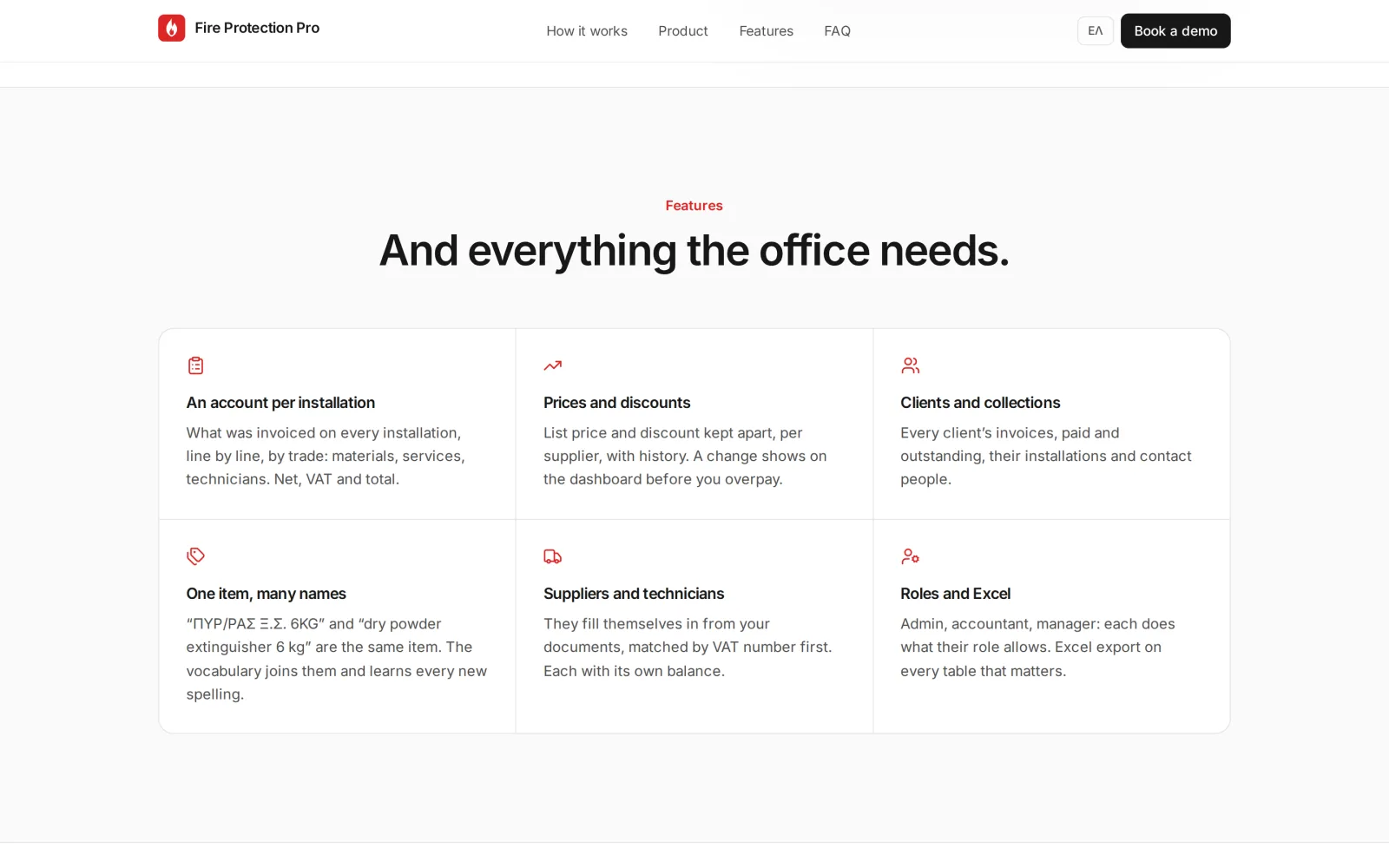The features section: an account per installation, prices and discounts, clients and collections, one item under many names, suppliers and technicians, and roles and Excel