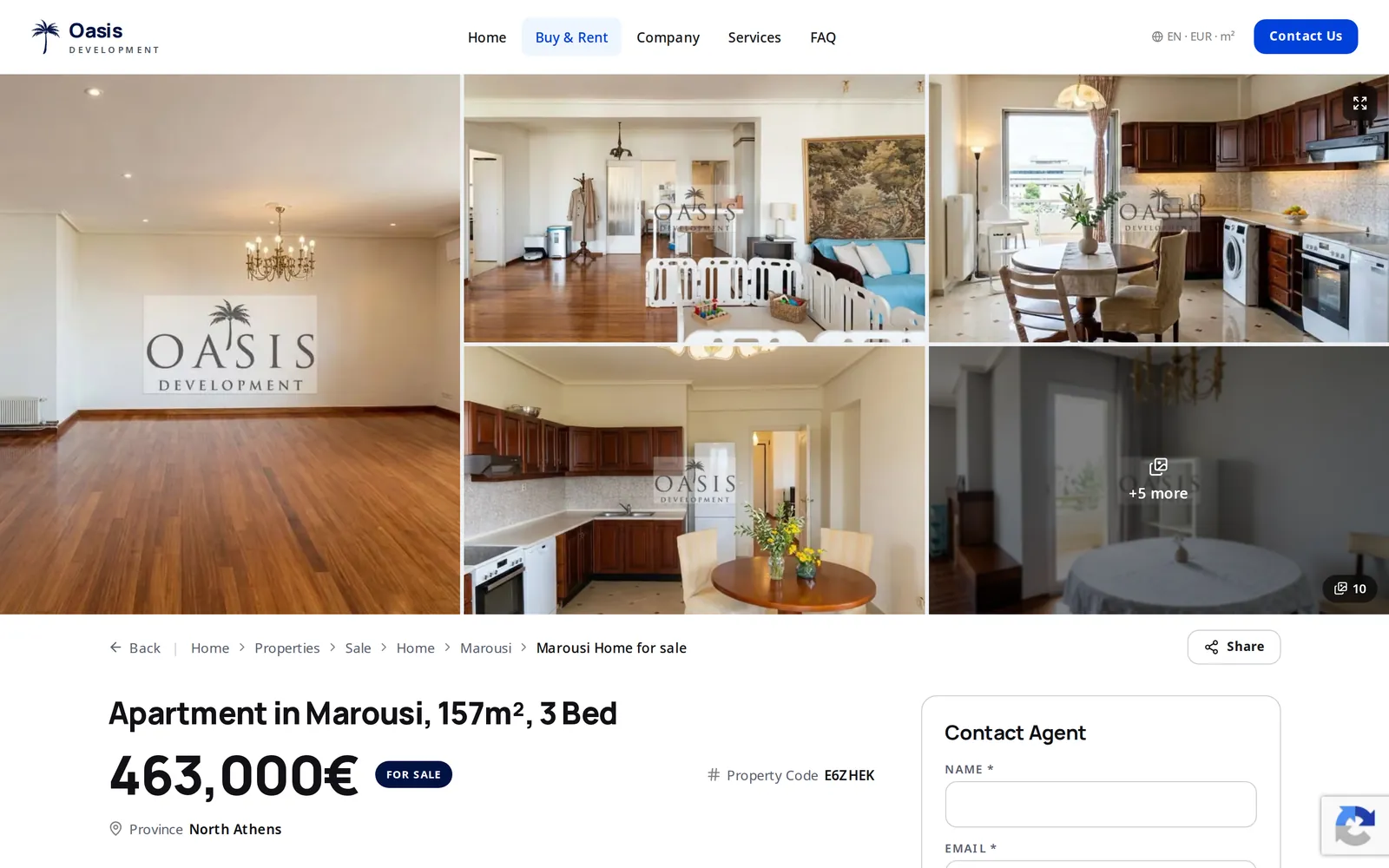 A listing page: photo gallery with watermarked images, the title, the price, the code E6ZHEK and the contact form