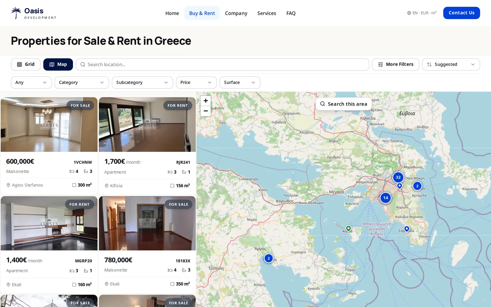 Oasis Development property search: listing cards on the left, a map of Attica with clustered pins on the right