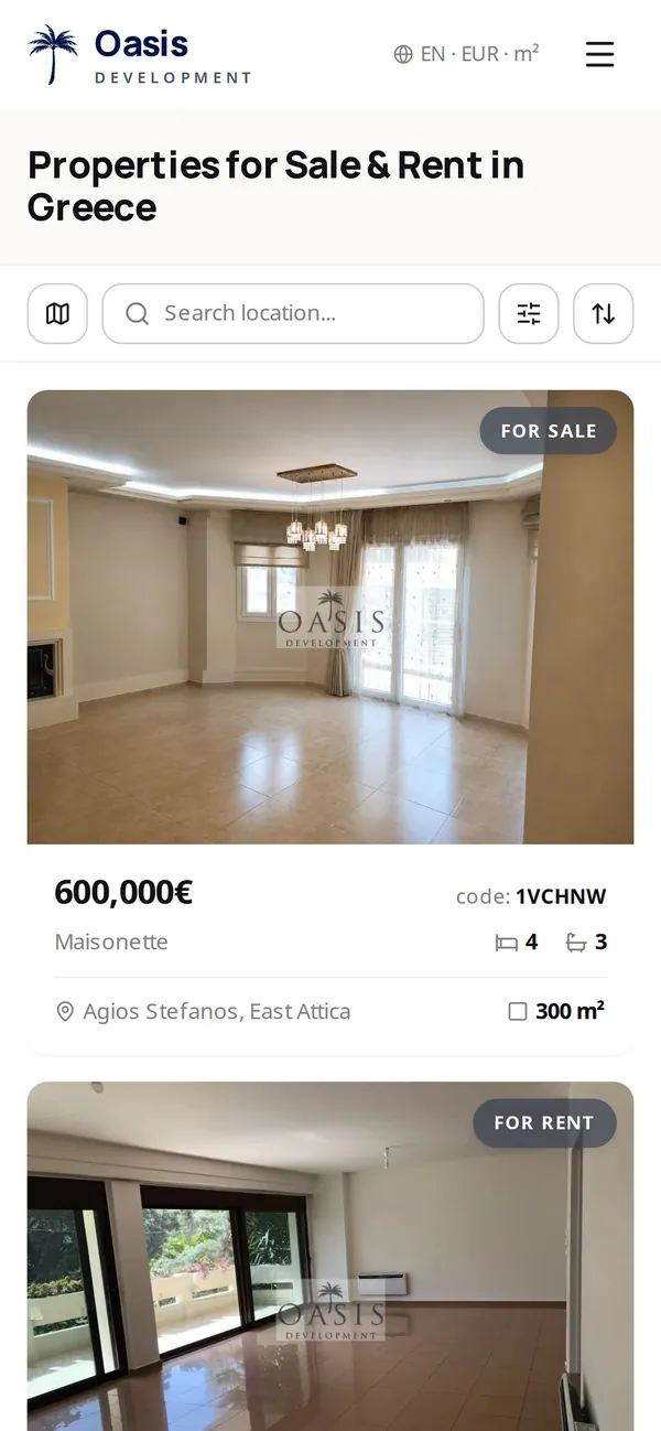 Property search on a phone: map toggle, location search, filters and a listing card