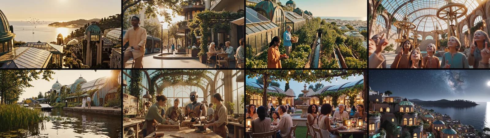 Eight frames from the homepage film, one per scene, from a harbour at dawn to a city under the stars