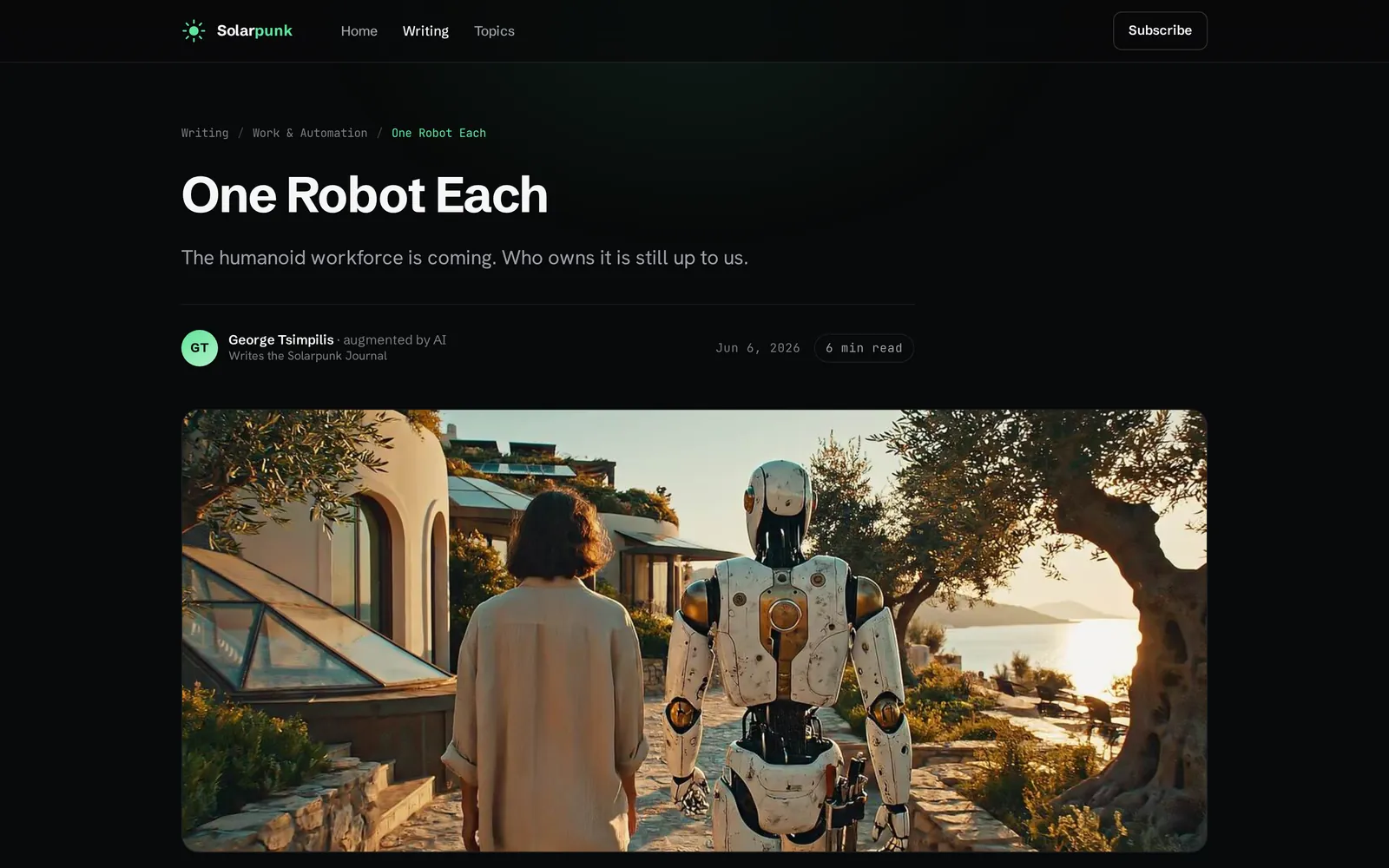 The post “One Robot Each”: breadcrumb, title, summary, the byline “George Tsimpilis · augmented by AI”, date, reading time and the hero still