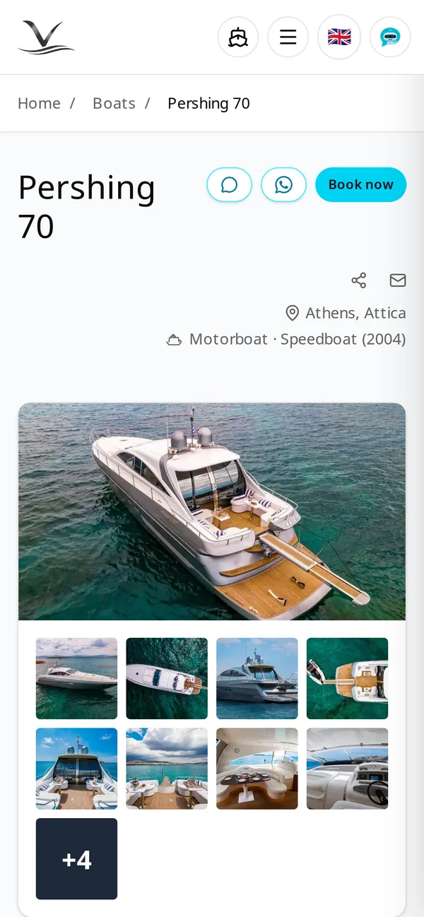 A boat page on a phone: title, chat, WhatsApp and Book now buttons, the main photo and the gallery