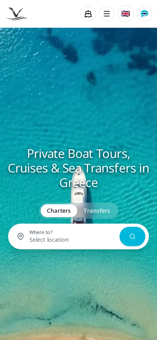 The home page on a phone: sea photo, headline, a charters and transfers switch and the destination search