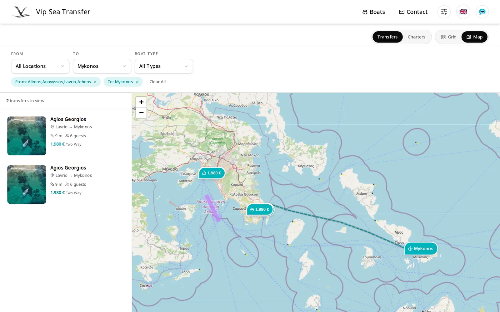 The Athens to Mykonos transfer page: from and to filters, the boats that run the route, and the sea route drawn on the map