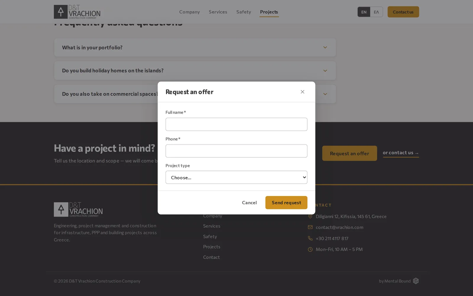The request-an-offer dialog: full name, phone and project type fields with Cancel and Send request buttons