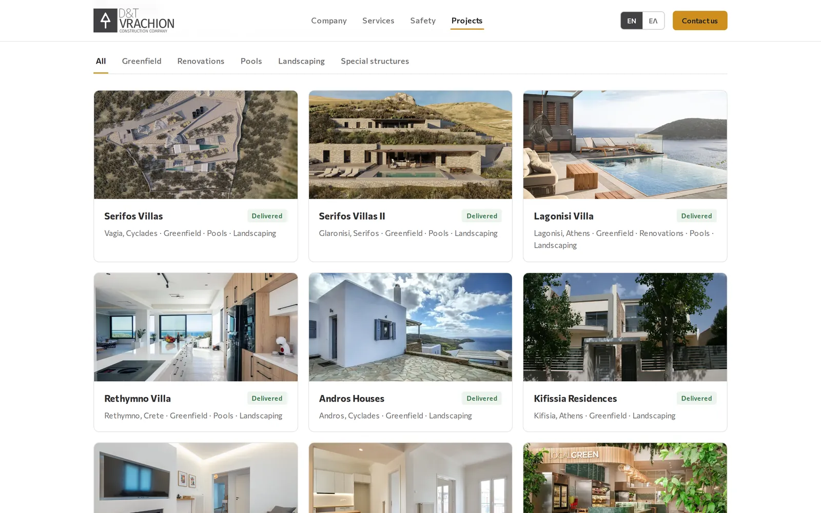 The project catalogue: category tabs above cards with a photo, the project name, location, categories and a Delivered badge
