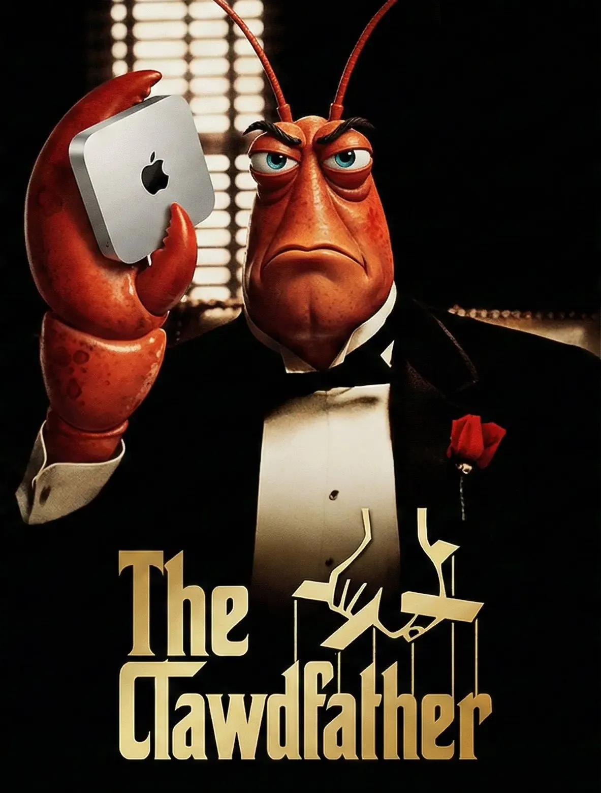 The Clawfather — OpenClaw's lobster mascot in a tuxedo, holding a Mac Mini.