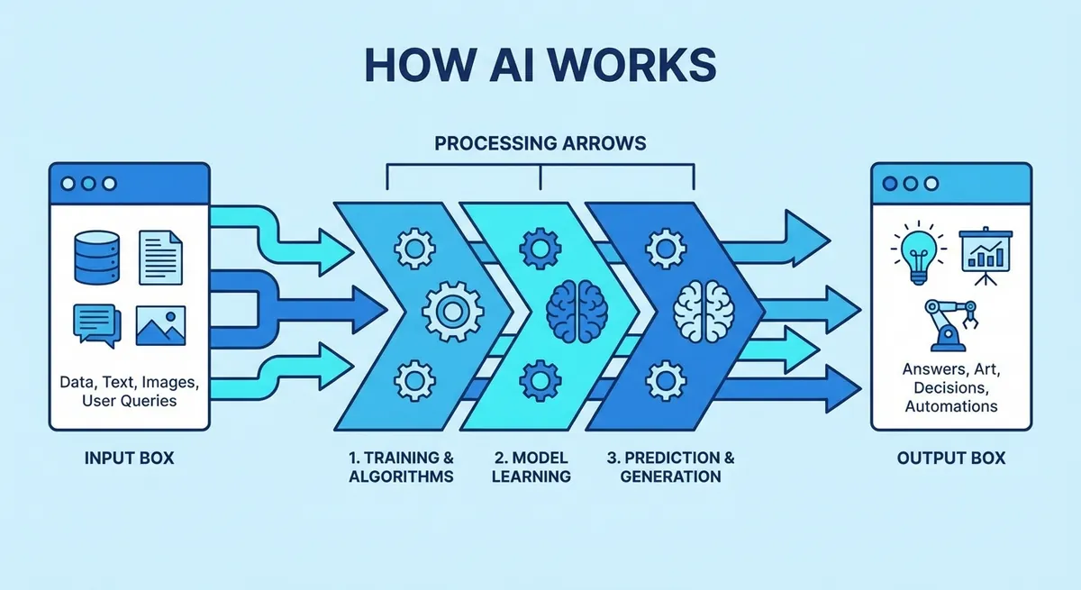 How AI works: input data flows through training, model learning, and prediction stages to produce outputs like answers, art, and automations.