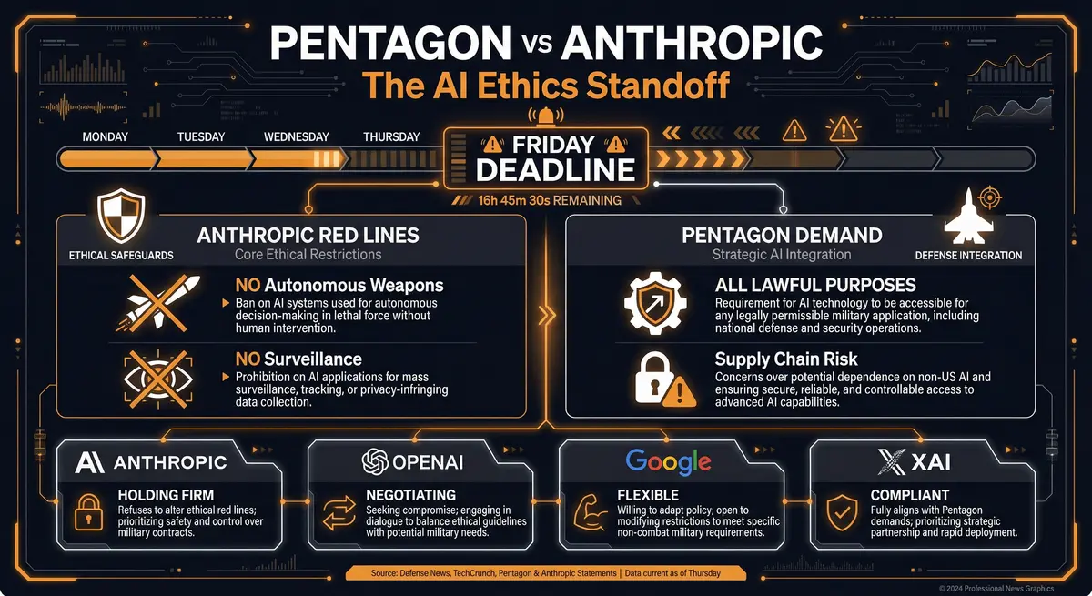 Pentagon vs. Anthropic — The AI Ethics Standoff: Anthropic's red lines, the Pentagon's demands, and where each AI company stands.