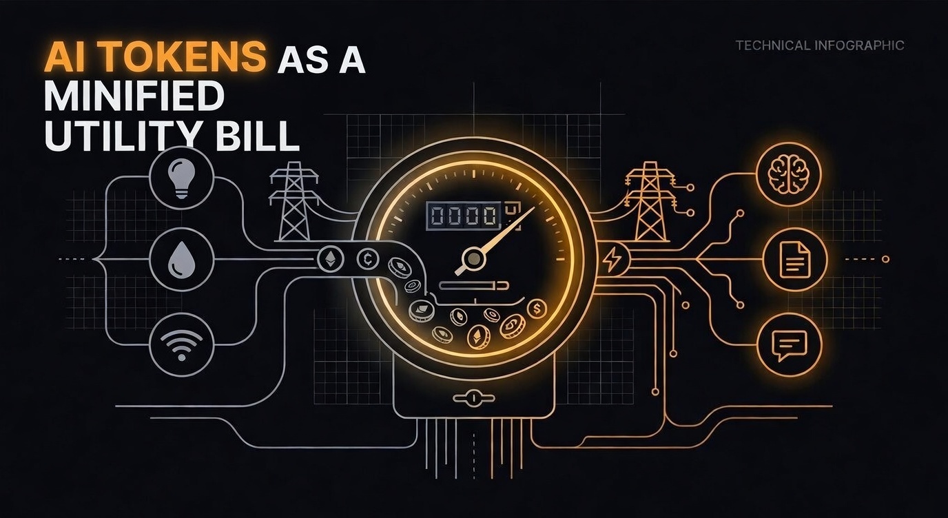 AI tokens as a metered utility bill — technical infographic